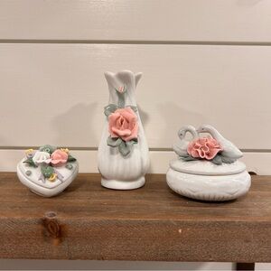 Vintage White Porcelain Bud Case & 2 Trinket Boxes White With Pink And Pastels